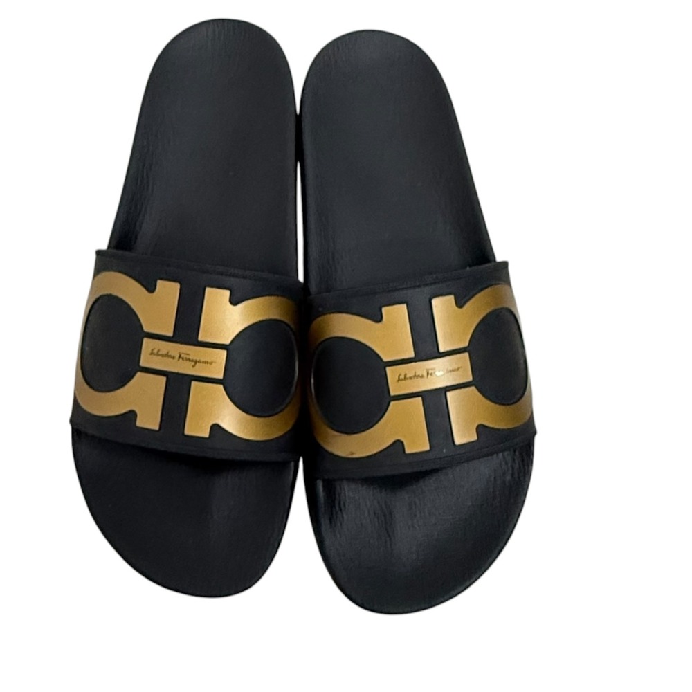 Salvatore Ferragamo Logo Slide Sandals Size Mens 11 Groove 2 Black Gold Gancini - Picture 5 of 10